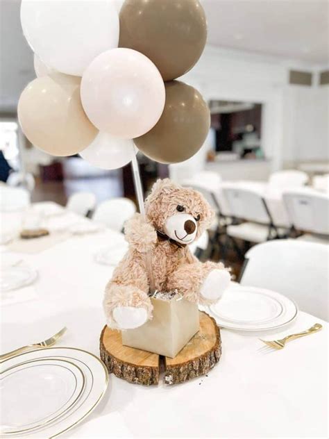 bear with balloons centerpiece|bear holding balloons baby shower.